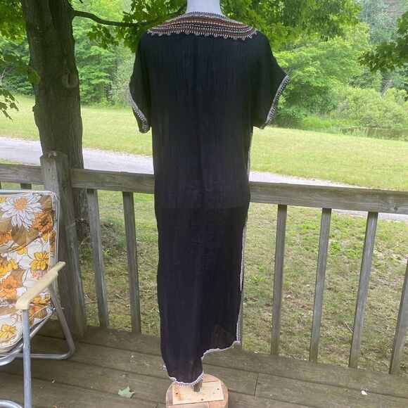Garnet Hill Womens Black Orange Embroidered V-neck Caftan Medium - Picture 4 of 7